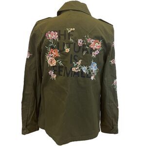 Coffee Shop "The Future Is Female" Floral Embroidered Jacket NEW Utility Cargo